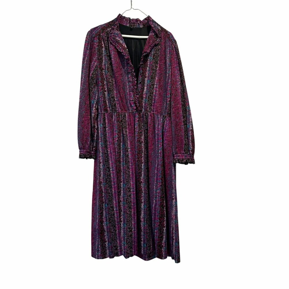 ✨Diolen Size 44/ L US Vintage Multicolor Dress With Ruffle Collar & Long Sleeves